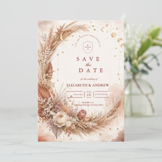 Tijdloze Boho Hemelse Bruiloft Save The Date (Staand voorkant)