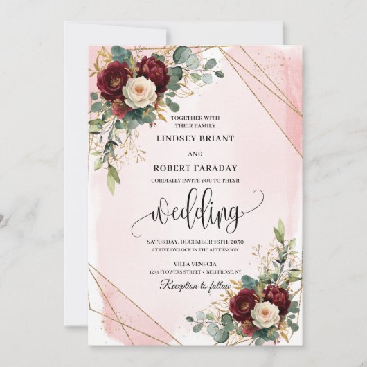 Tijdloze Boho Maroon Gold Blush Rozen bruiloft Kaart (Voorkant)