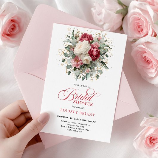 Tijdloze Boho Robijnrode Blush Gouden Bruiloftsbor Kaart