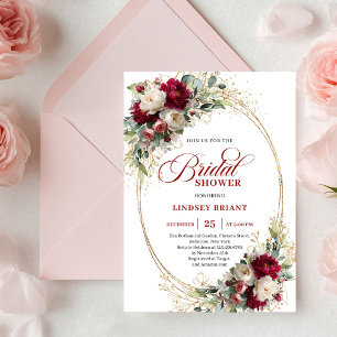 Tijdloze bordeauxrode bloemengoud bruiloftsborrel  kaart