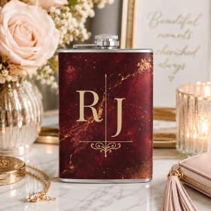 Tijdloze bordeauxrood en gouden marmer monogram heupfles