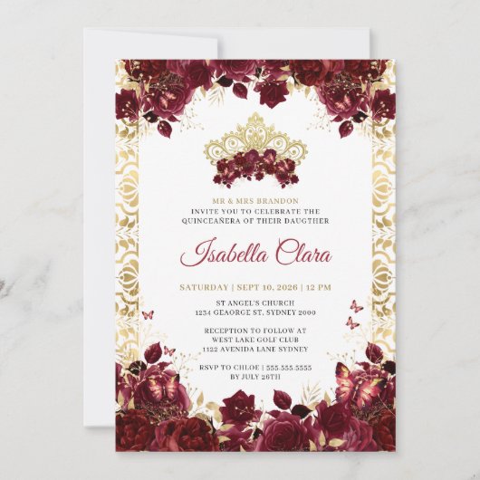Tijdloze Bourgogne Bloemen Gouden Boog Quinceanera Kaart (Voorkant)