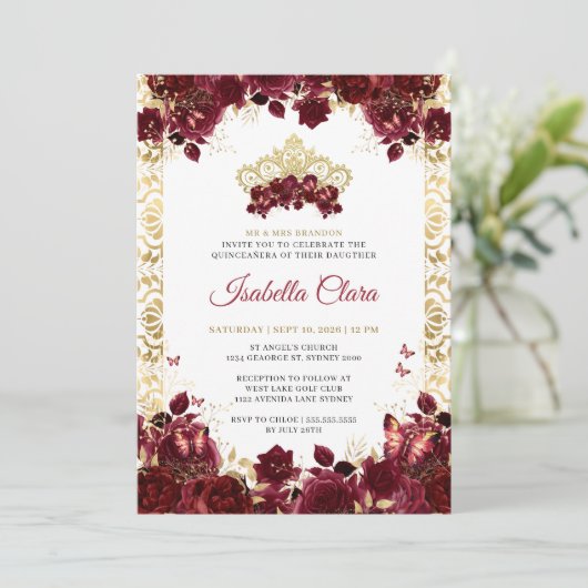Tijdloze Bourgogne Bloemen Gouden Boog Quinceanera Kaart (Staand voorkant)