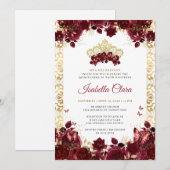 Tijdloze Bourgogne Bloemen Gouden Boog Quinceanera Kaart (Voorkant / Achterkant)