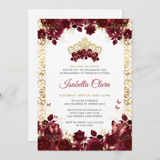 Tijdloze Bourgogne Bloemen Gouden Boog Quinceanera Kaart (Voorkant / Achterkant)