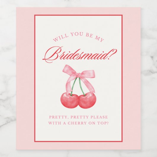 Tijdloze Coquette Bow Cherry Bruidsmeisje Voorstel Wijn Etiket (Enkel label)