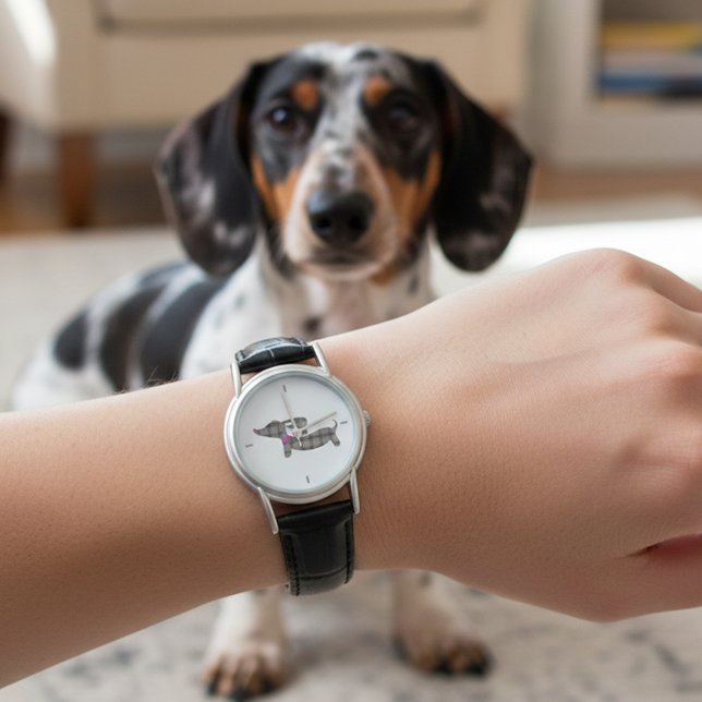 Tijdloze Dachshund Charm: Grijs geruite lederen ba Horloge (Plaid dachshund watch for wiener dog moms)