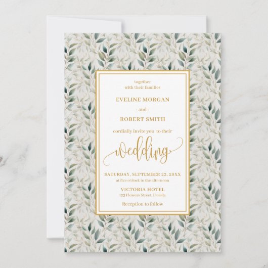 Tijdloze Deep Green Gold Foliage Wedding Uitnodigi Kaart (Voorkant)