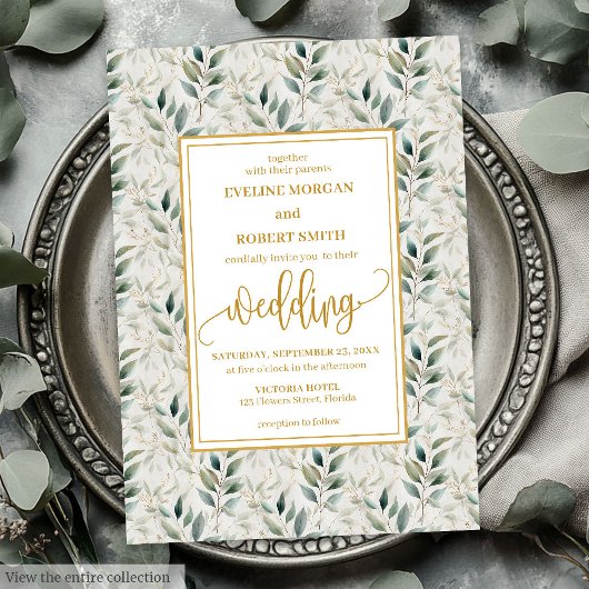 Tijdloze Deep Green Gold Foliage Wedding Uitnodigi Kaart