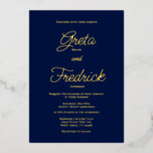 Tijdloze Eenvoudige Elegantie Gold Script Navy Wed Folie Uitnodiging (Voorkant)