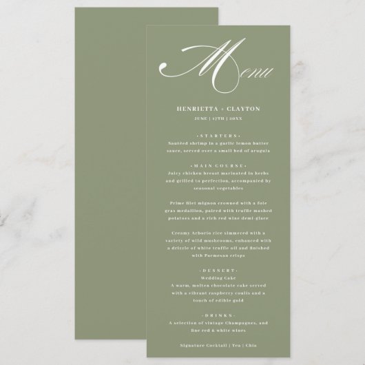 Tijdloze Elegance Sage Green Wedding Menu (Voorkant / Achterkant)