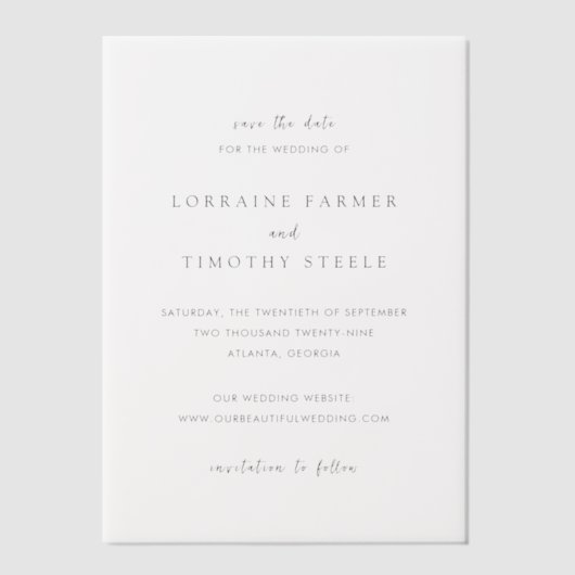 Tijdloze Elegante Trouwen Save the Date Vellum Uitnodigingen (Voorkant)