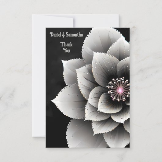 Tijdloze Elegantie: Black & Silver Blossom Wedding Bedankkaart (Voorkant)