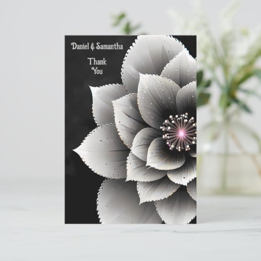 Tijdloze Elegantie: Black & Silver Blossom Wedding Bedankkaart (Staand voorkant)