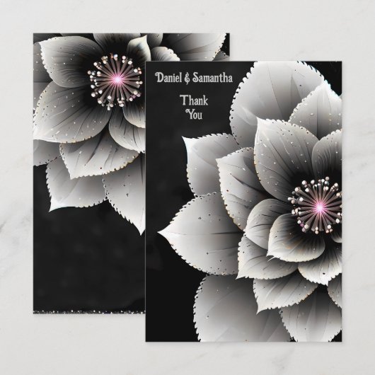 Tijdloze Elegantie: Black & Silver Blossom Wedding Bedankkaart (Voorkant / Achterkant)