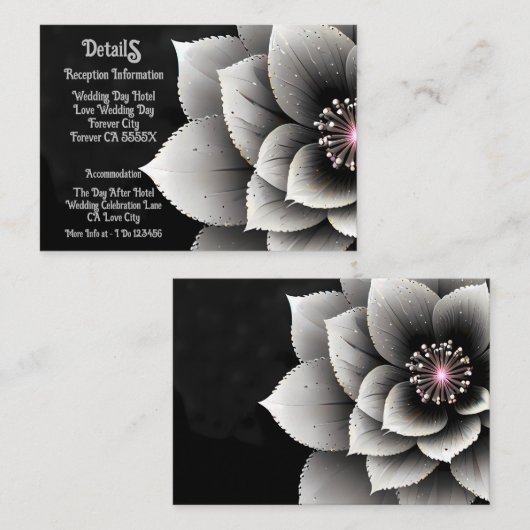 Tijdloze Elegantie: Black & Silver Blossom Wedding Informatiekaartje (Voorkant / Achterkant)