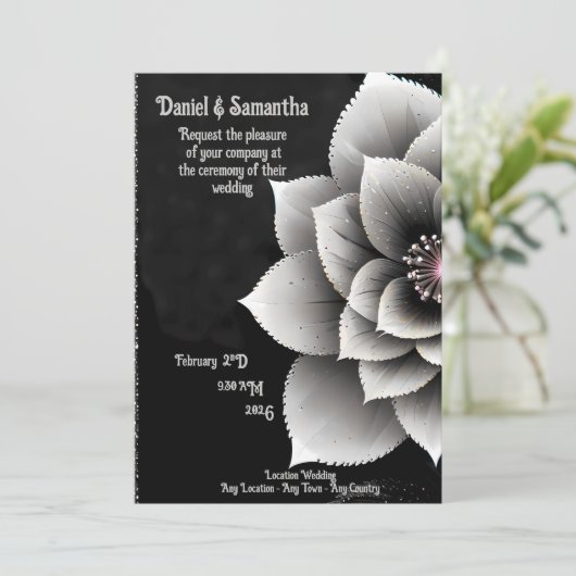 Tijdloze Elegantie: Black & Silver Blossom Wedding Kaart (Staand voorkant)