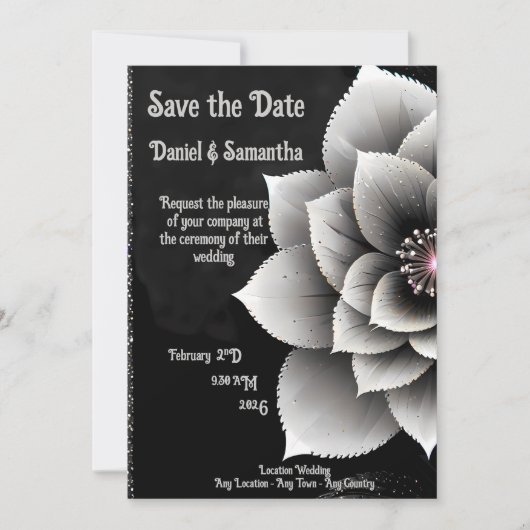 Tijdloze Elegantie: Black & Silver Blossom Wedding Kaart (Voorkant)