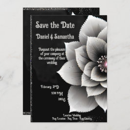 Tijdloze Elegantie: Black & Silver Blossom Wedding Kaart