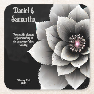 Tijdloze Elegantie: Black & Silver Blossom Wedding Kartonnen Onderzetters