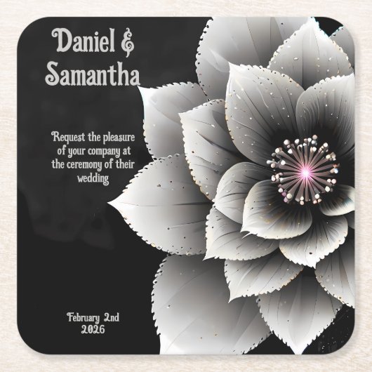 Tijdloze Elegantie: Black & Silver Blossom Wedding Kartonnen Onderzetters (Voorkant)