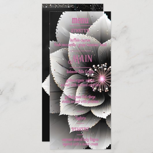 Tijdloze Elegantie: Black & Silver Blossom Wedding Menu (Voorkant / Achterkant)