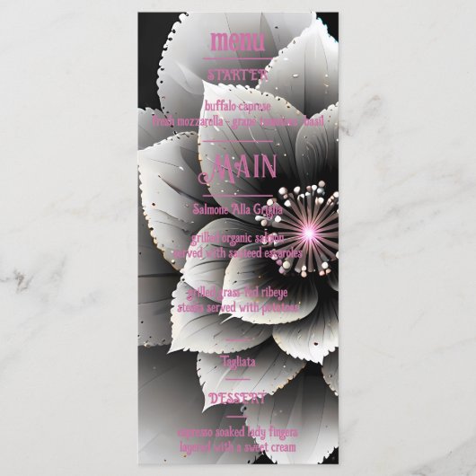 Tijdloze Elegantie: Black & Silver Blossom Wedding Menu (Voorkant)