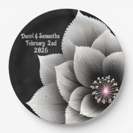 Tijdloze Elegantie: Black & Silver Blossom Wedding Papieren Bordje