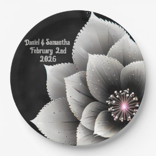 Tijdloze Elegantie: Black & Silver Blossom Wedding Papieren Bordje