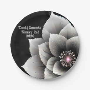 Tijdloze Elegantie: Black & Silver Blossom Wedding Papieren Bordje