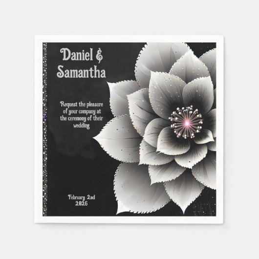Tijdloze Elegantie: Black & Silver Blossom Wedding Servet (Voorkant)