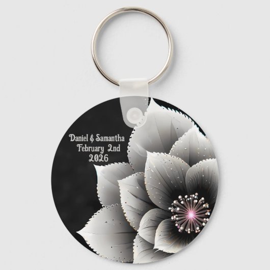 Tijdloze Elegantie: Black & Silver Blossom Wedding Sleutelhanger (Voorkant)