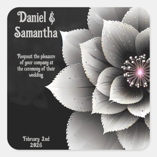 Tijdloze Elegantie: Black & Silver Blossom Wedding Vierkante Sticker (Voorkant)