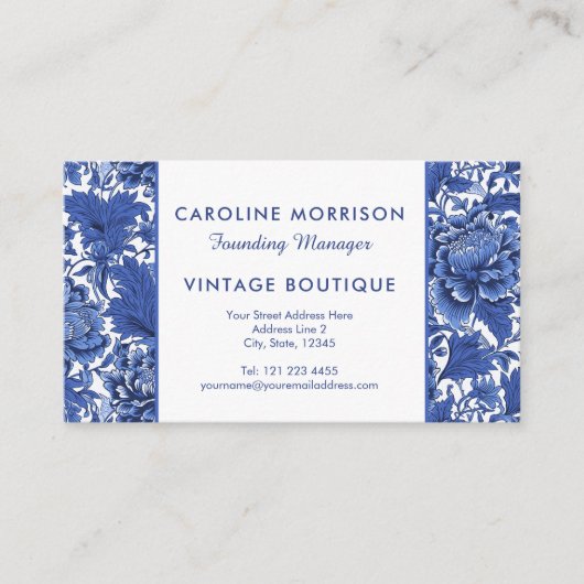 Tijdloze Elegantie Blauw en Wit Chintz Bloemen Visitekaartje (Voorkant)