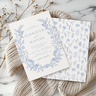 Tijdloze elegantie: Blauwe Bloemenkrans Boho bruil Kaart