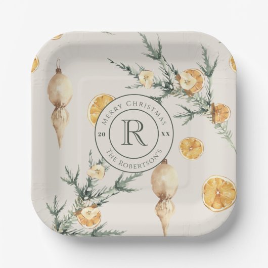 Tijdloze elegantie: chique monogram kerst papieren bordje (Voorkant)