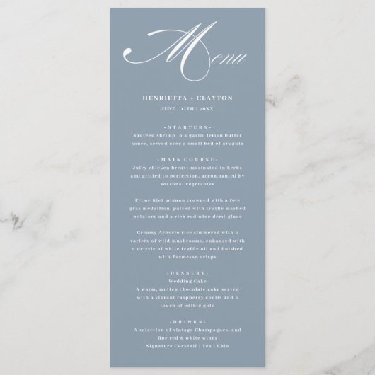 Tijdloze Elegantie Dusty Blue Wedding Menu (Voorkant)
