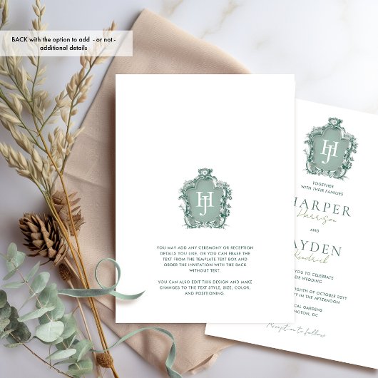 Tijdloze elegantie, groene monogram bruiloft kaart