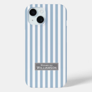 Tijdloze Elegantie in Poeder Blauwe en Witte Strep iPhone 15 Case