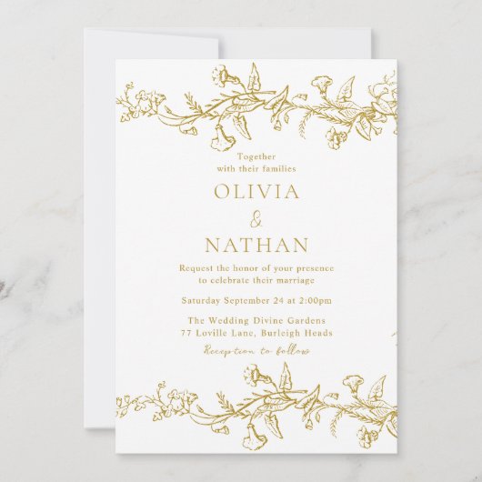 Tijdloze Elegantie: Klassieke Gouden Bloem Bruilof Kaart (Voorkant)