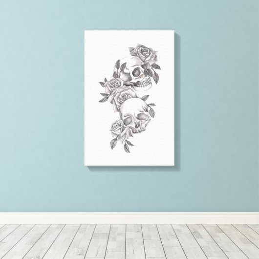 Tijdloze elegantie: schedels en Rozen Canvas Afdruk (Insitu (Houten vloer))