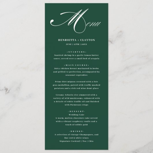 Tijdloze Elegantie Smaragdgroen Trouwmenu Menu (Voorkant)