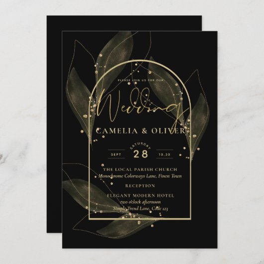 Tijdloze elegantie zwart goud thema bruiloft kaart (Voorkant / Achterkant)