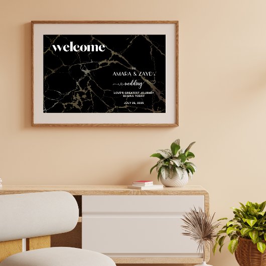 Tijdloze elegantie: zwart marmer met gouden bruilo acryl bord