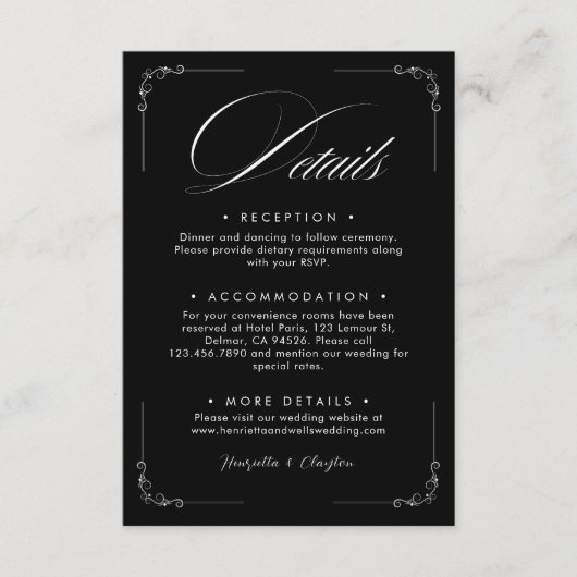 Tijdloze Elegantie Zwarte bruiloft Details Kaart (Voorkant)