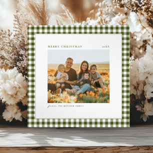 Tijdloze en eenvoudige Green Gingham Family Foto Feestdagenkaart