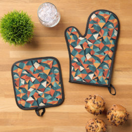 Tijdloze geometrische turquoise & oranje patroon ovenwant & pannenlap set