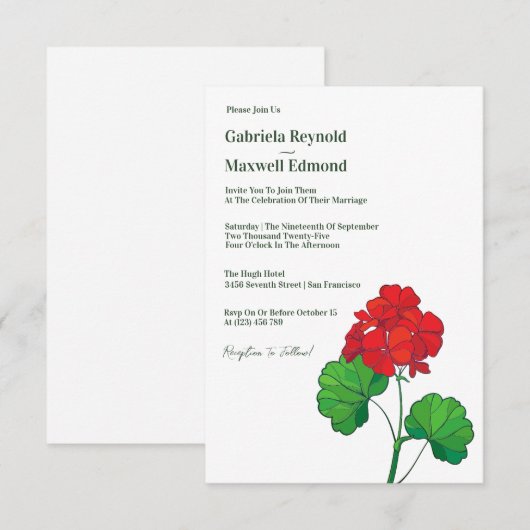 Tijdloze  Geranium Bloemenbruiloft Kaart (Voorkant / Achterkant)
