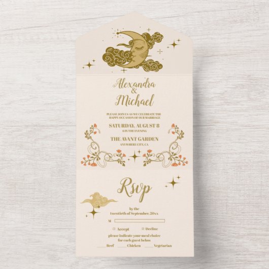 Tijdloze Gouden Mystieke Botanische Bruiloft All In One Uitnodiging (Binnen)