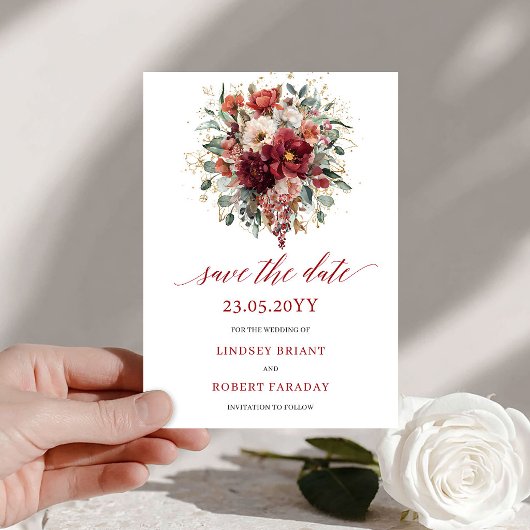 Tijdloze herfst rood goud bloemen save the date